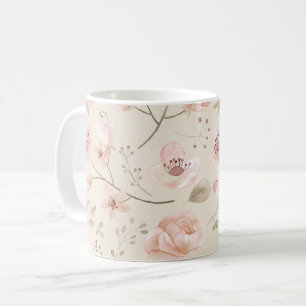 Caneca De Café Bonito Flores de Aquarela Padrão Botânico Rosa