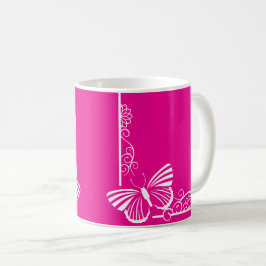 Caneca De Café Bonito Fuschia White Butterfly