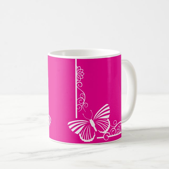 Caneca De Café Bonito Fuschia White Butterfly (Frente Esquerda)
