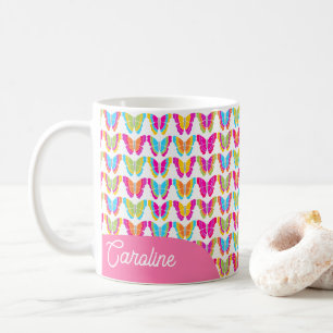Caneca De Café Bonito Girly Multicolor Arco-Íris Butterflies Nome