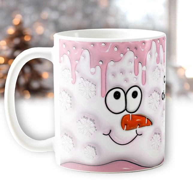 Caneca De Café Bonito Natal Derretendo Snowman Nome Rosa (Cute Christmas Melting Snowman Face Pink Name Coffee Mug)