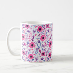 Caneca De Café Bonito padrão floral de cor aquosa. Pintado manua