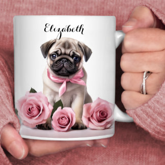 Caneca De Café Bonito Pug Puppy Pink Rosas Personalizadas Cão
