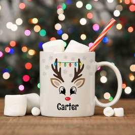 Caneca De Café Bonito Reindeer Menino Luz de Natal Nome Personali