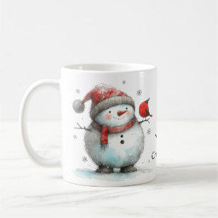 Caneca De Café Bonito Snowman e Pássaro Vermelho Cardeal