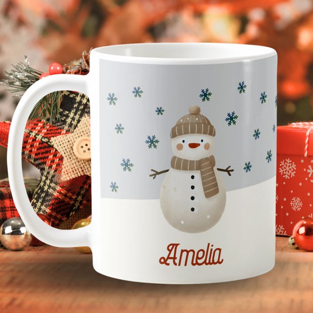 Caneca De Café Bonito Snowman Snowflakes Nome de Desenho Natal (Criador carregado)
