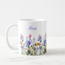 Caneca De Café Bonito Watercolor Flores Selvagens | seu nome