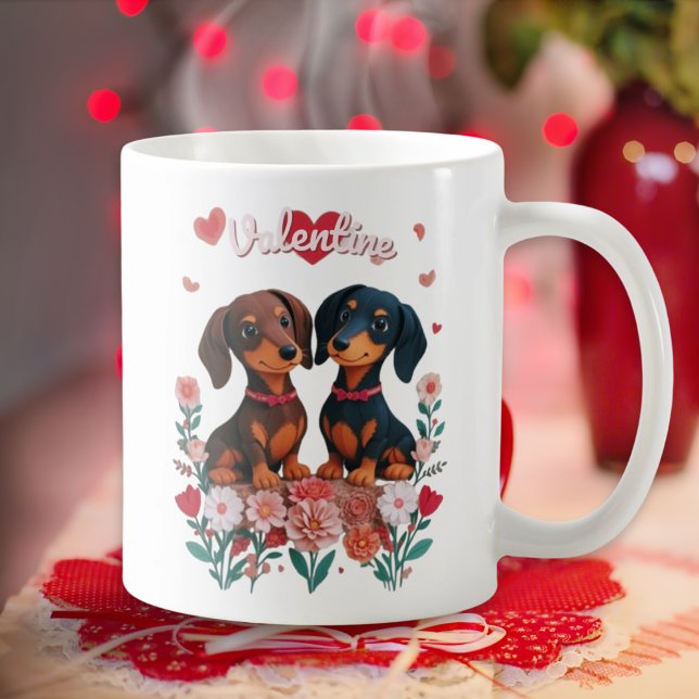 Caneca De Café Bonitos Dachshances Doxie Love Hearts Dia de os na (A personalized mug for Valentine's Day, with cartoon-style image of two cute dachshunds)