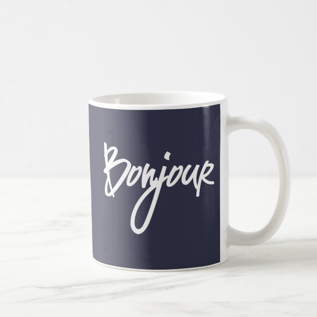 Caneca De Café Bonjour Script (Branco) para Amantes da França (Direita)