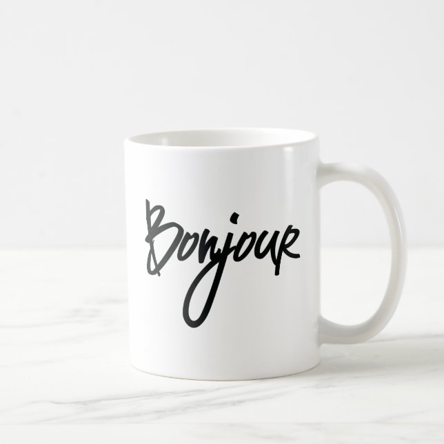 Caneca De Café Bonjour Script (Preto) para Amantes da França (Direita)