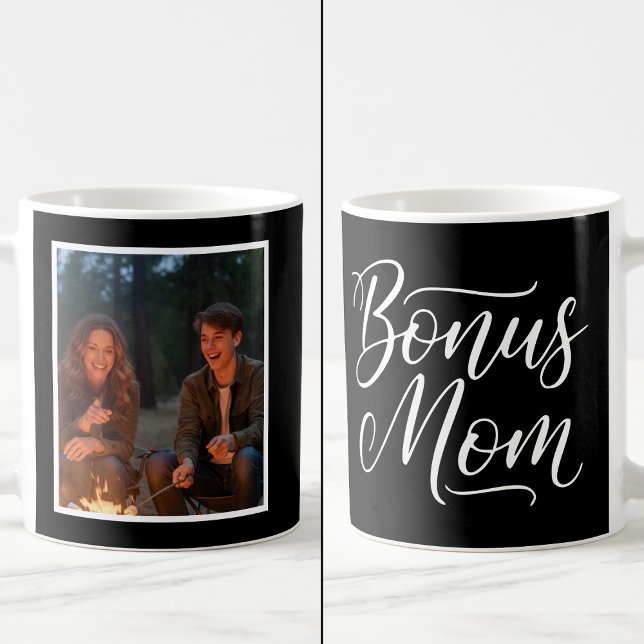 Caneca De Café Bonus Mom Elegant Cursive 1 Custom Photo Black (Criador carregado)