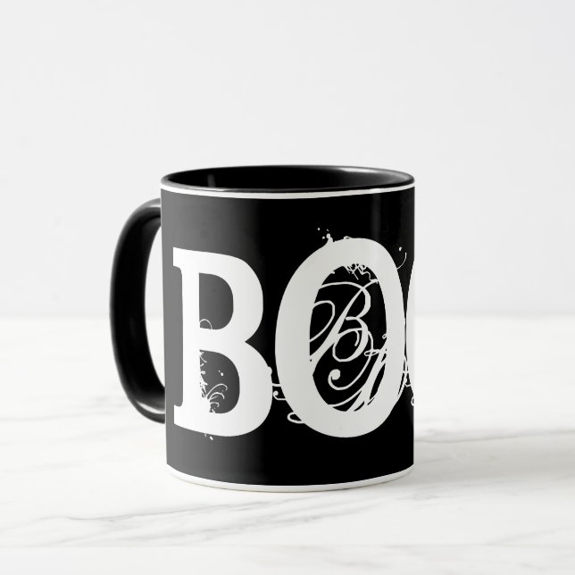 Caneca de café "BOO!" preta de Halloween (Frente Esquerda)