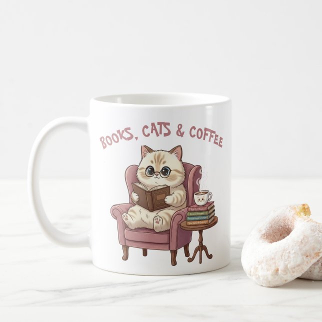 Caneca De Café Books, Cats & Coffee Cute Cat Lover Mug (Com Donut)