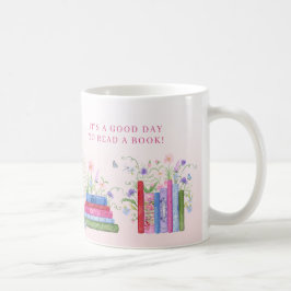 Caneca De Café Books Shelf Empilhado Floral de Flor Selvagem no B