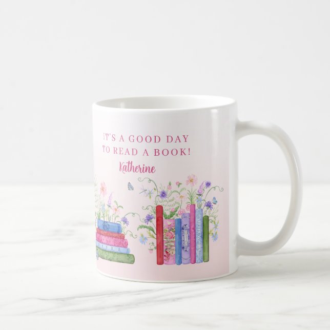 Caneca De Café Books Shelf Empilhou Flores Aquáticas no Bom Dia (Direita)
