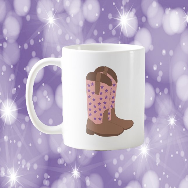 Caneca De Café Boot Brown Pink Purple Stars (A mug with a pair of cowboy boots done in brown and pink with purple stars)