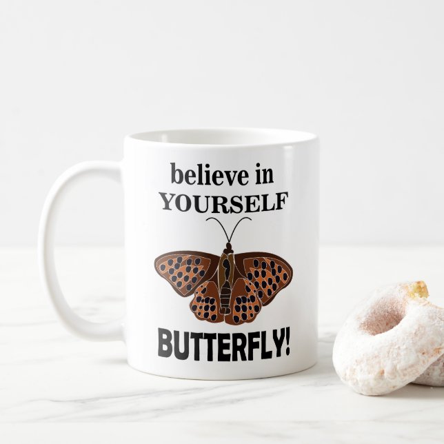 Caneca De Café Borboleta Acredite Em Você Inspirador  (Com Donut)