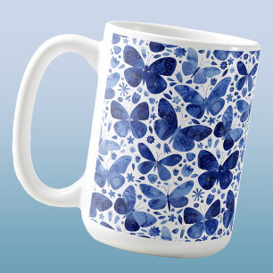 Caneca De Café Borboleta Aquarela Indigo Azul