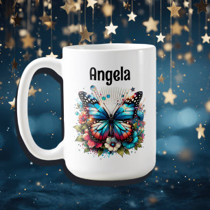 Caneca De Café Borboleta Azul bonito e Flores Personalizadas