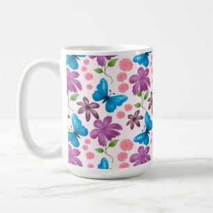 Caneca De Café Borboleta Azul e Padrão Floral Roxo