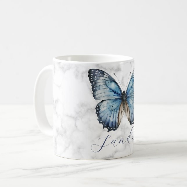 Caneca De Café Borboleta azul romântica (Frente Esquerda)