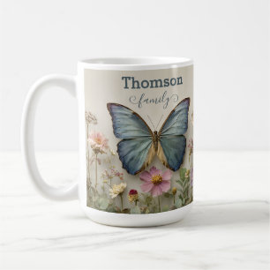 Caneca De Café Borboleta Azul Vintage Jardim Floral Família