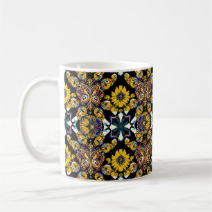 Caneca De Café Borboleta boêmica e padrão de girassol em preto
