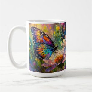 Caneca De Café Borboleta Colorida e Flores Silvestres ao Nascer d