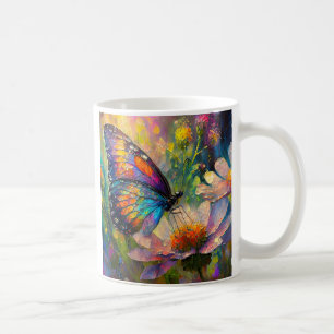 Caneca De Café Borboleta colorida e flores silvestres no nascer d