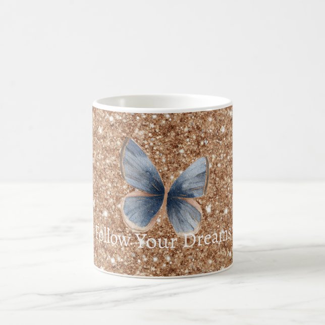 Caneca De Café Borboleta de Denim Azul Brilho Dourado Rústico (Centro)