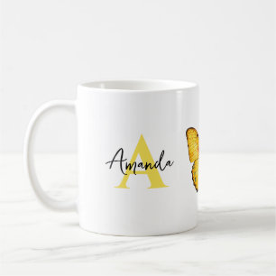 Caneca De Café Borboleta de Nome Amarelo e Preto Elegante