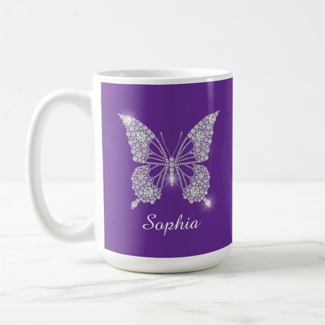 Caneca De Café Borboleta Diamante Branca, Nome do Script, Roxo (Esquerda)