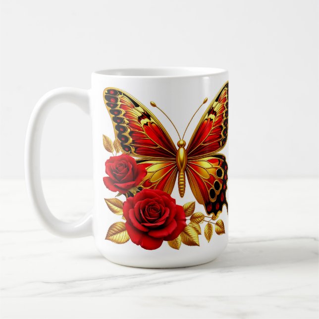 Caneca De Café Borboleta Dourada Com Rosas Vermelhas E Folhas Dou (Esquerda)