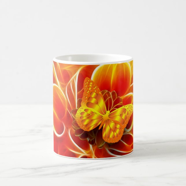 Caneca De Café Borboleta Dourada em Fundo Abstrato Flamejante (Centro)