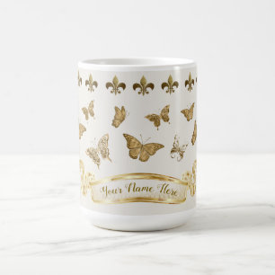 Caneca De Café Borboleta Dourada Personalizada Flor de Lis 15 oz