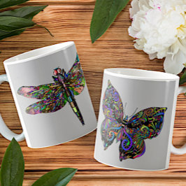 Caneca De Café Borboleta e libélula. Insetos psicodélicos.