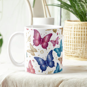 Caneca De Café Borboleta Elegante e Lâmina Floral
