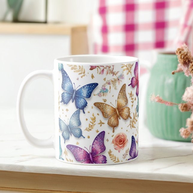 Caneca De Café Borboleta Elegante e Lâmina Floral (Criador carregado)