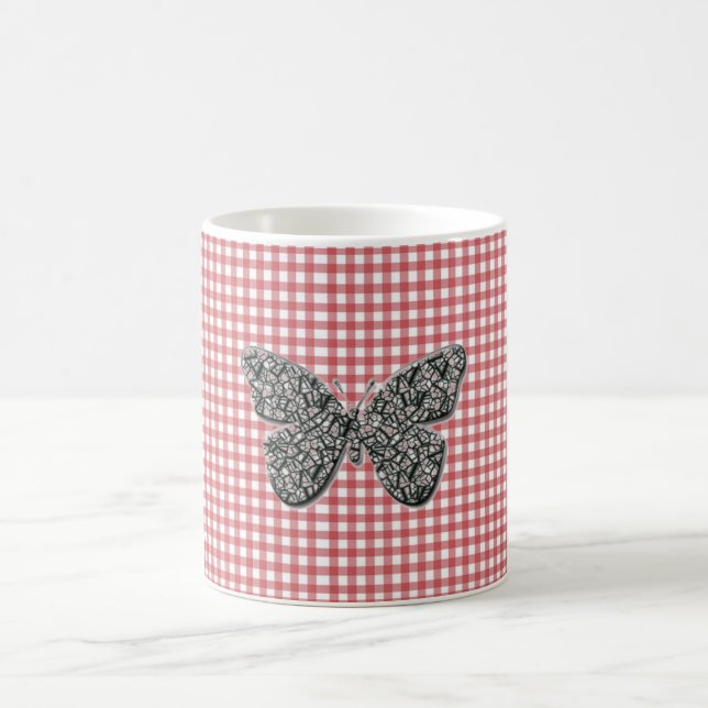 Caneca De Café Borboleta Elegante Em Gingham Vermelho (Centro)
