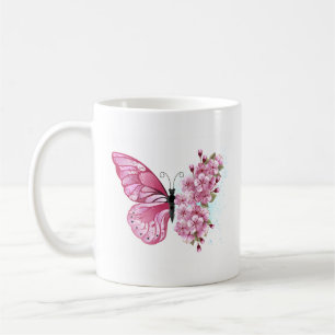 Caneca De Café Borboleta Flor com Sakura Rosa