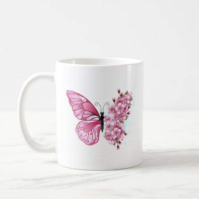 Caneca De Café Borboleta Flor com Sakura Rosa (Esquerda)