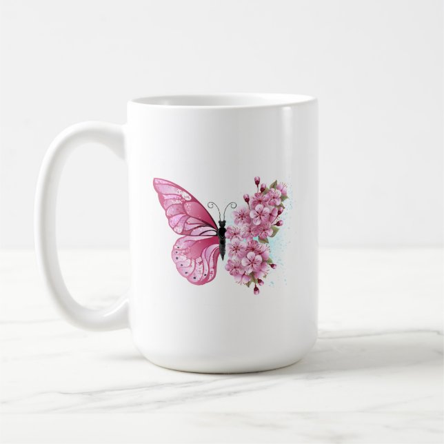Caneca De Café Borboleta Flor com Sakura Rosa (Esquerda)