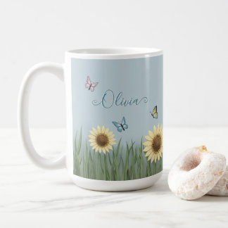 Caneca De Café Borboleta Flor de Girassol