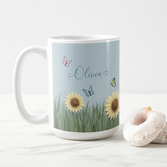 Caneca De Café Borboleta Flor de Girassol (Com Donut)