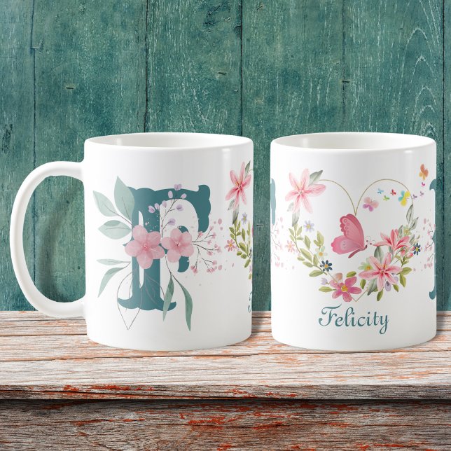 Caneca De Café Borboleta Floral Elegante Monograma F (Criador carregado)