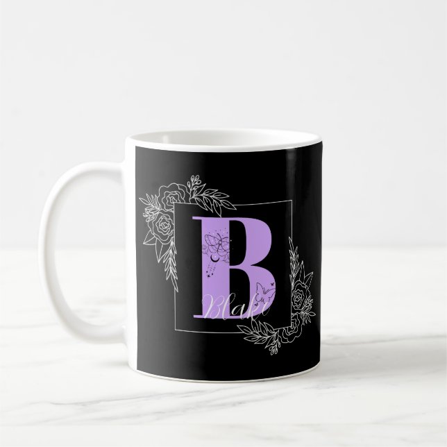 Caneca De Café Borboleta Floral Púrpura Monograma Personalizado - (Esquerda)