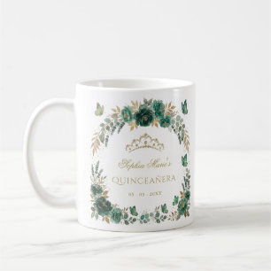 Caneca De Café Borboleta Floral Tiara Esmeralda Dourada Quinceañe