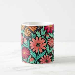 Caneca de Café Borboleta Folk Margaridas Abstratas