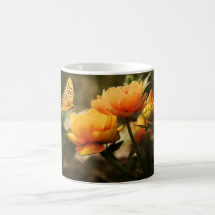 Caneca De Café Borboleta Laranja e Flores