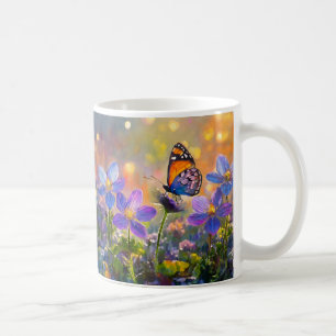 Caneca De Café Borboleta Minúscula em Flores Silvestres ao Nascer